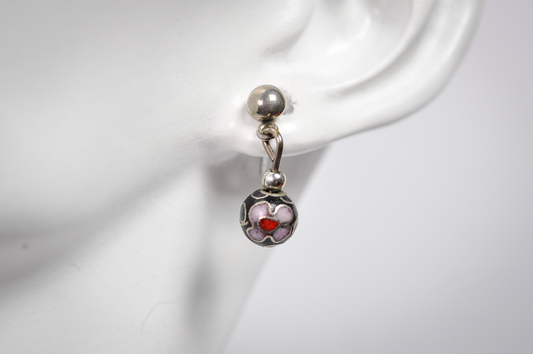 Vintage Chinese Floral Cloisonné Black Bead Drop Earrings - Dainty Hand Painted Black Floral Bead Dangle Earrings