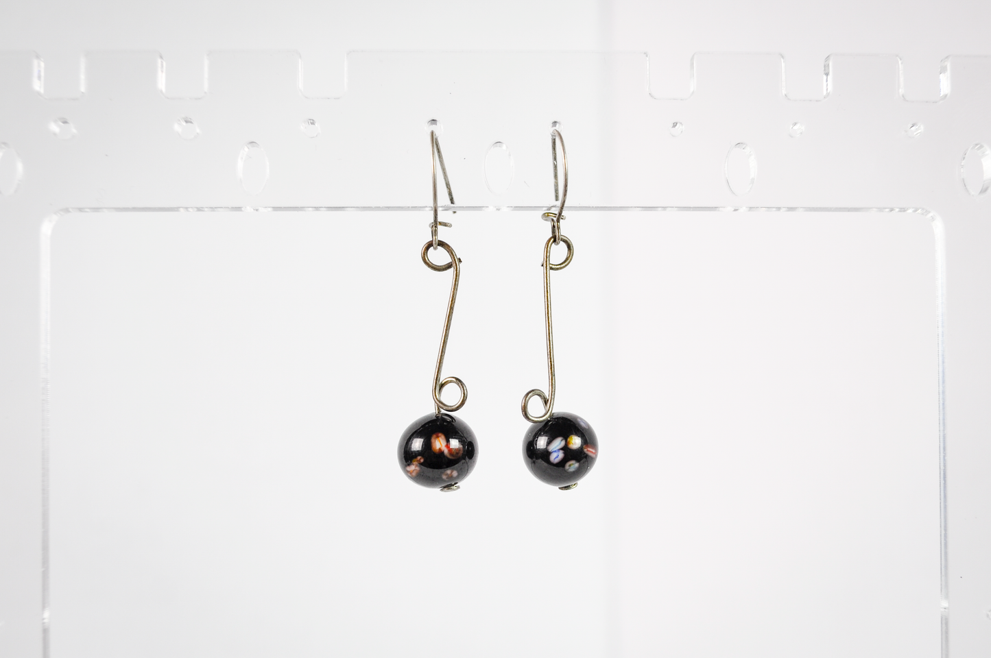 Vintage Black Graduated Abstract Floral Glass Bead Dangle Silver-Toned Earrings - Black Murrine Glass Bead Silver Dangles