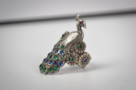 Vintage Sterling Silver Multicolor Peacock Statement Ring Size 3 - Dainty Vintage Sz 3 Peacock Sterling Ring