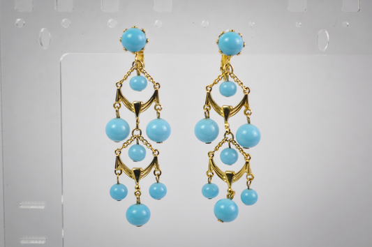 Turquoise Multi-Drop Statement Clip-On Earrings Gold-Toned - Beautiful Chandelier Blue & Gold-Toned Earrings