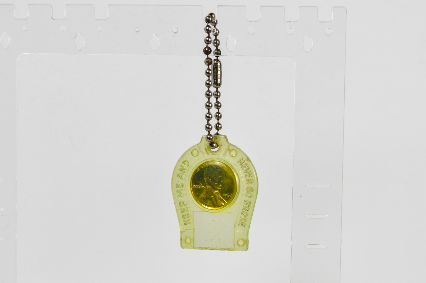 Mid-Century "Keep Me And Never Go Broke" Lucky Penny Keychain 1964 Penny - Retro 1964 Plated Lucky Penny Horseshoe Charm with Vintage Mt Vernon NY Stamped Ball Chain