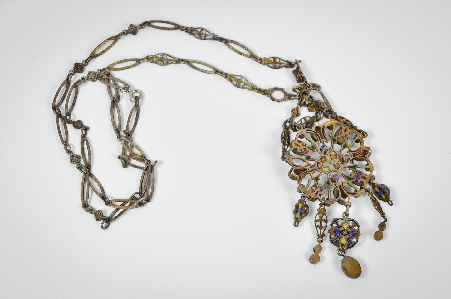 Late 19th-Century Austro-Hungarian Opal and Green Tourmaline Silver Necklace - Antique Austro-Hungarian Opal & Tourmaline Silver Statement Necklace