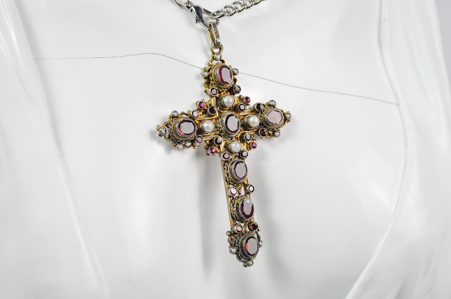 Antique Renaissance Revival .800 Silver Garnet & Pearl Cross Pendant Sweden Import - Antique European .800 Silver Gilt Rhodolite Garnet and Pearl Cross Pendant
