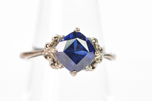 Vintage 925 Sterling Silver Blue Center Stone Filigree Ring Size 6 - Cushion Cut Royal Blue Center Stone Cocktail Ring Silver Vintage Scrollwork