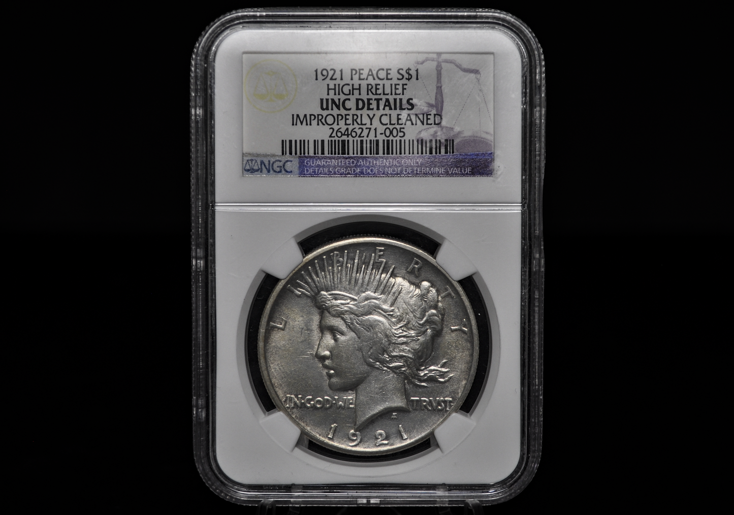 1921 Peace Dollar - Unc. Details, Cleaned, NGC - 1921 High Relief Peace Dollar Silver - Rarer Coin, Nice Detail