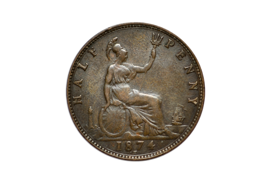 1874-H Great Britain Half Penny -XF Condition - UK Half Penny 1874 - Queen Victoria 1/2 Penny - Bronze - ha'penny 1874