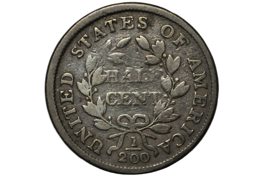 A close-up of a vintage United States half cent coin inside a clear plastic protective holder, showing the reverse side with the text 'UNITED STATES OF AMERICA', 'HALf CENT', and '1'/'200'