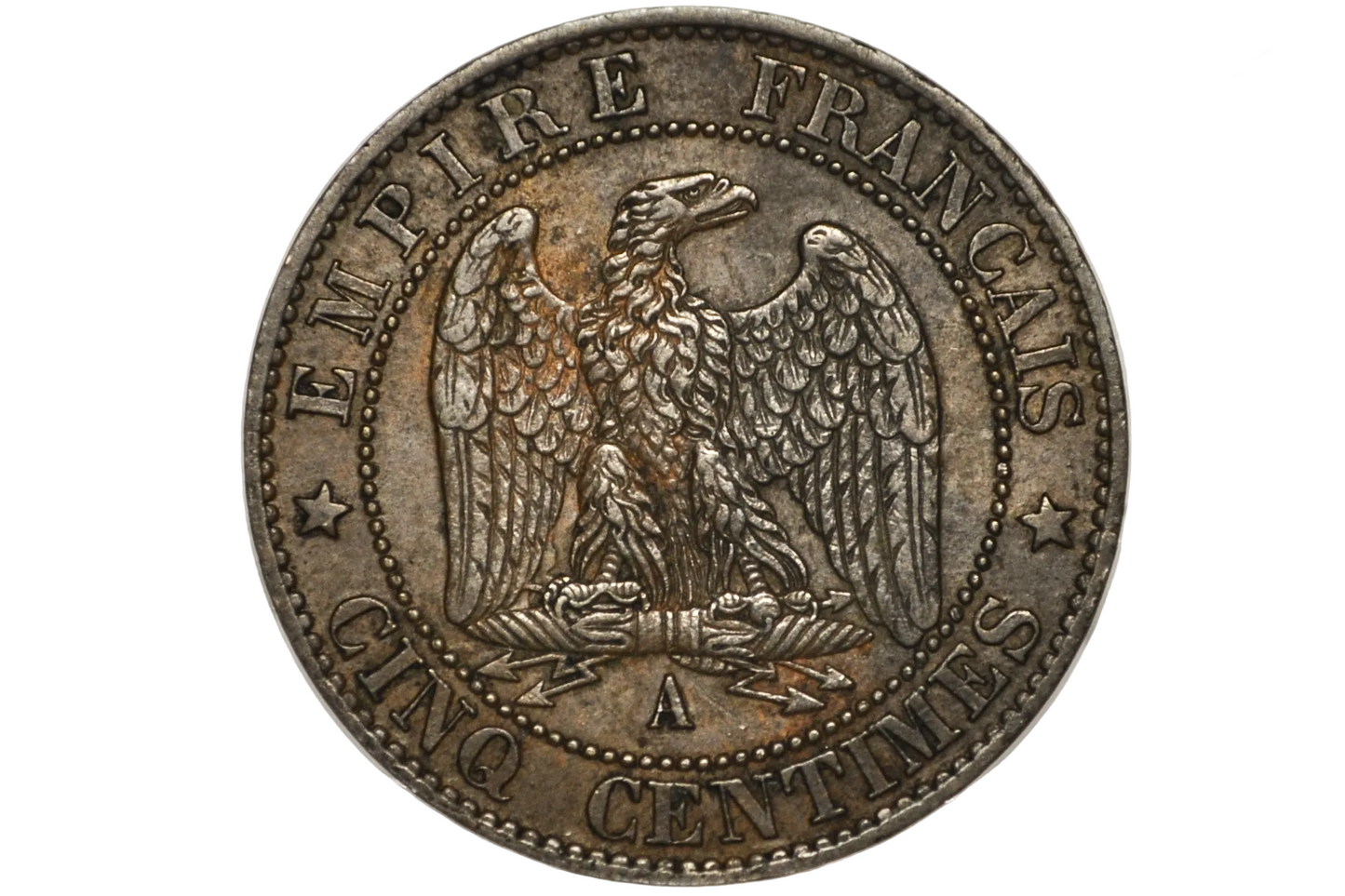 A vintage French Empire 5 centimes coin featuring an eagle emblem in About Uncirculated Grade / Condition
