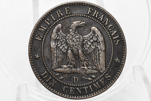 1855-D France 10 Centimes - XF+ - Napoleon III Bare Head - DIX Centimes 1855D (Lyon Mint)