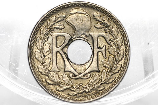 1917 France 5 Centimes – Choice Uncirculated – Lindauer Hole Type, Scarce Low Mintage Date (Copy)
