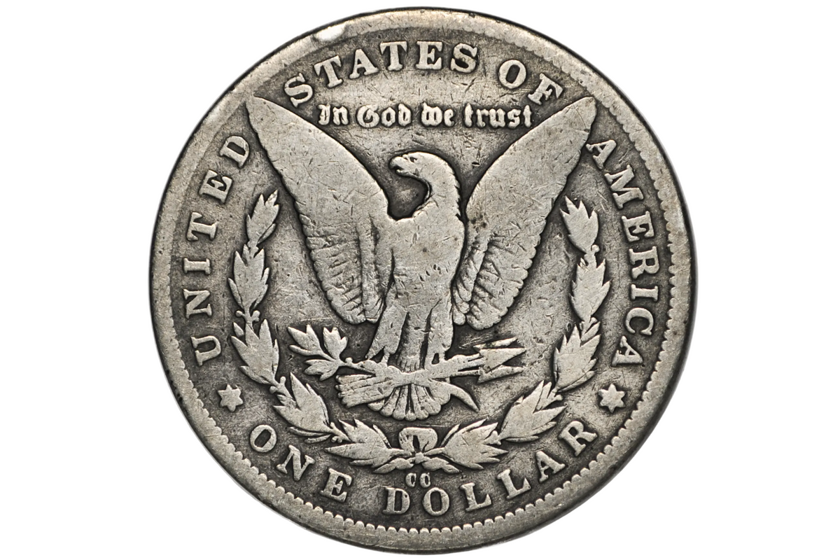 A silver US one dollar coin featuring the Great Seal of the United States, encased in a clear plastic protective holder.