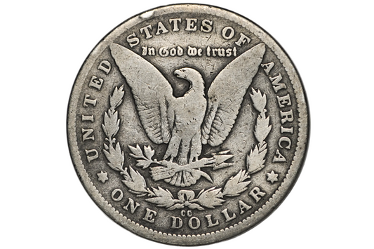 A silver US one dollar coin featuring the Great Seal of the United States, encased in a clear plastic protective holder.