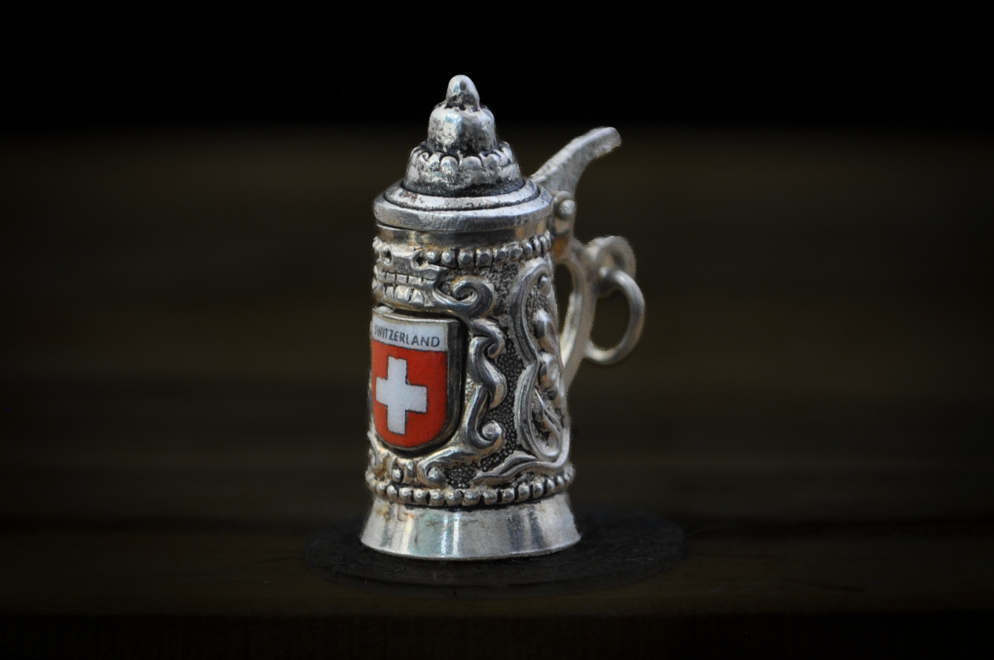 Vintage 800 Silver Switzerland Flag Miniature Beer Stein Charm - Stamped and Tested 800 Silver - Enameled with Details - Articulated Charm