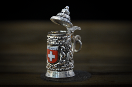 Vintage 800 Silver Switzerland Flag Miniature Beer Stein Charm - Stamped and Tested 800 Silver - Enameled with Details - Articulated Charm