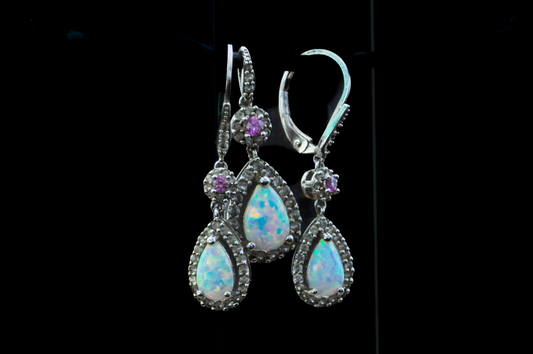 Sparkling Opal and Amethyst Teardrop Earrings with Charm - Stamped and Tested Sterling Silver - P★W Jewelry - Cubic Zirconium Studded