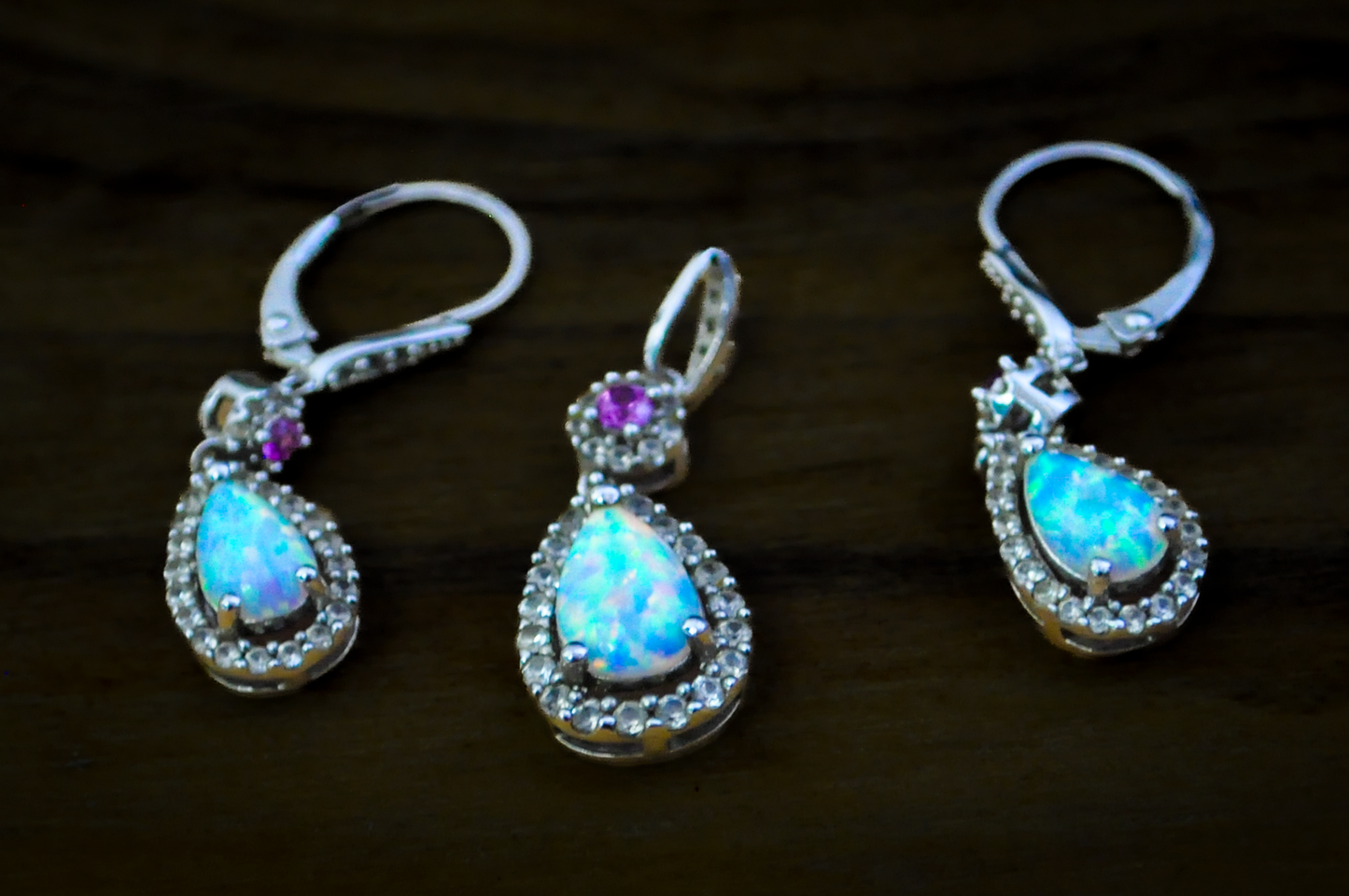 Sparkling Opal and Amethyst Teardrop Earrings with Charm - Stamped and Tested Sterling Silver - P★W Jewelry - Cubic Zirconium Studded