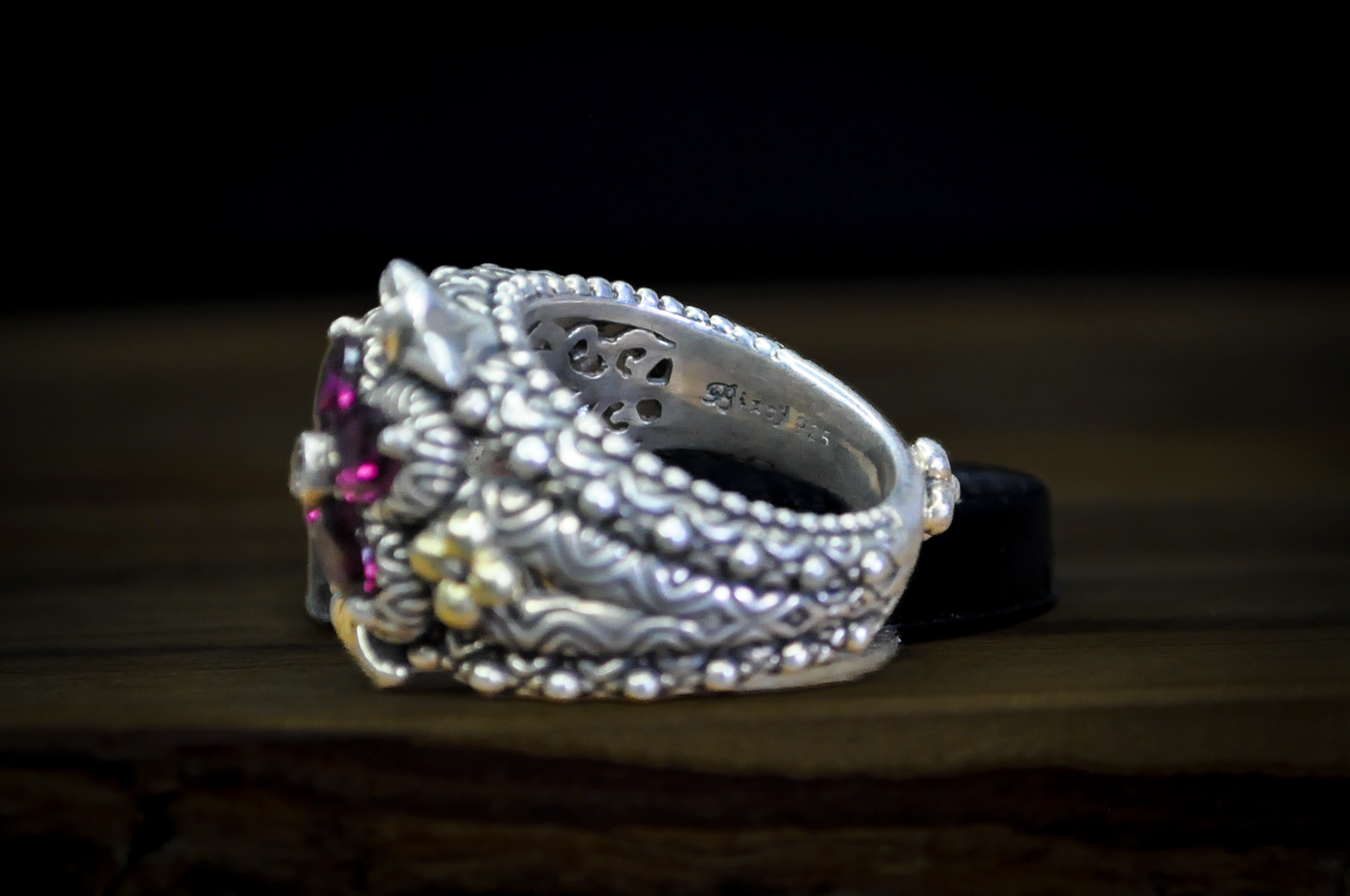 Barbara Bixby Sterling Silver 18K Accented Flower Shaped Rhodolite Garnet and White Topaz Ring - Size 6 - Stamped Sterling Silver and 18 Karat Gold - Detailed and Unique Ring