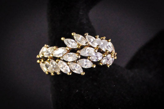 Stunning Gold Toned Sterling Silver Cubic Zirconium Marquis Crystals Leaf-Vine Pattern Ring - Size 8 - Stamped and Tested Sterling Silver - Regal Ring