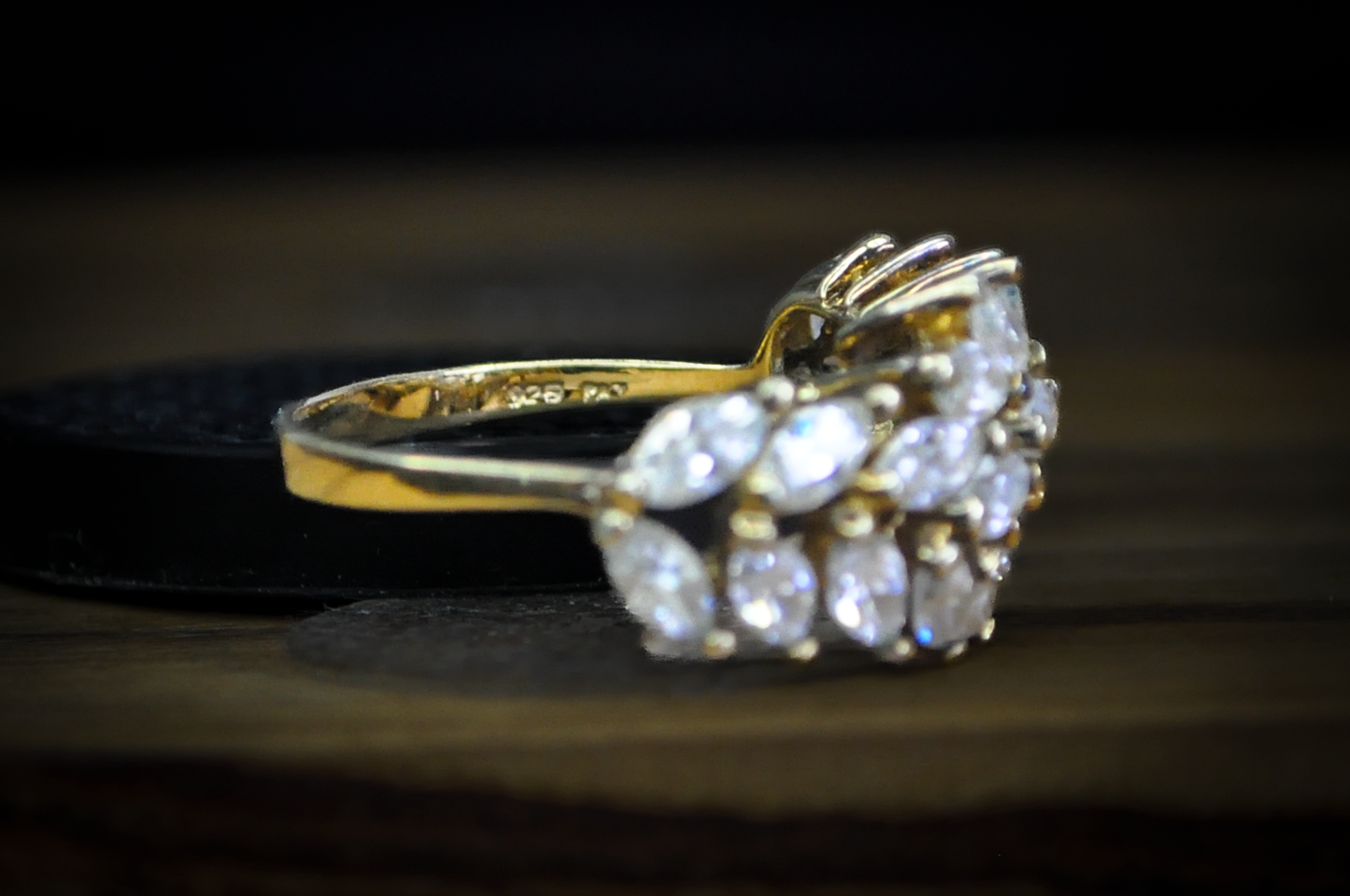 Stunning Gold Toned Sterling Silver Cubic Zirconium Marquis Crystals Leaf-Vine Pattern Ring - Size 8 - Stamped and Tested Sterling Silver - Regal Ring