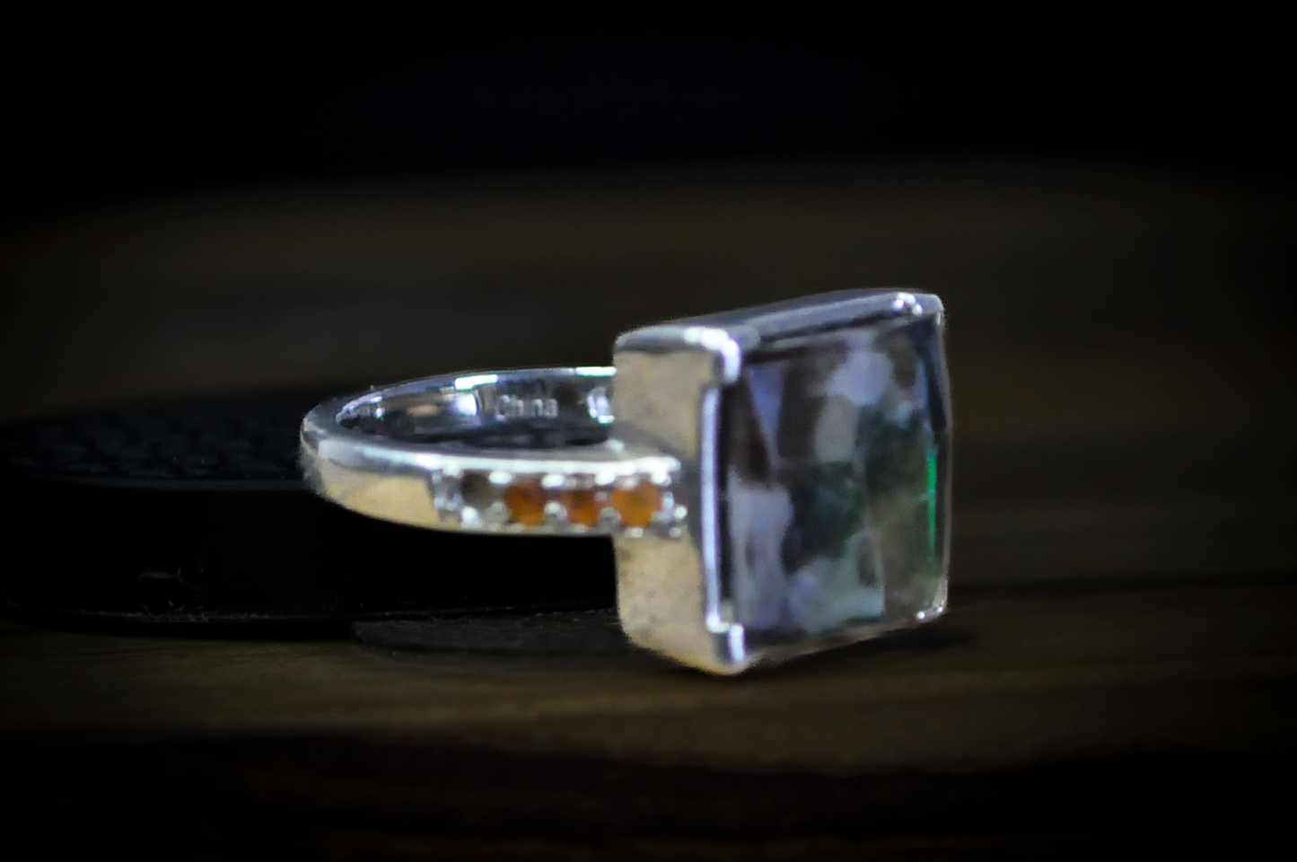 Square Cut Multicolor Ammolite Ring - Size 6 - Stamped and Tested Sterling Silver - Accented with Fire Opal