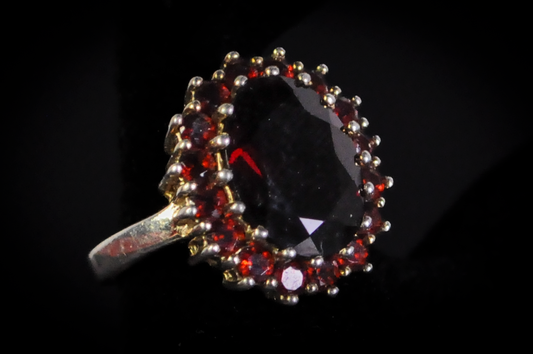 Large Cocktail Garnet Cluster Ring - Size 10 - Stamped and Tested Sterling Silver - Oval Cut - Halo of Garnets - Crown Filigree