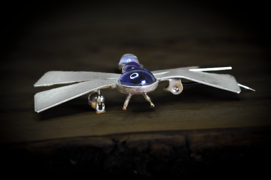 Smooth Oval Amethyst and Moonstone Cabochon Dragonfly Brooch - 1.75 Inches - Tested Sterling Silver - Moonstone Brooch - Amethyst Brooch