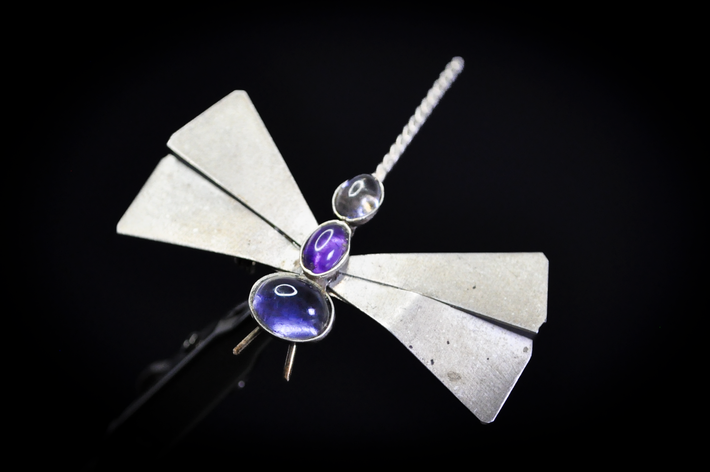 Smooth Oval Amethyst and Moonstone Cabochon Dragonfly Brooch - 1.75 Inches - Tested Sterling Silver - Moonstone Brooch - Amethyst Brooch