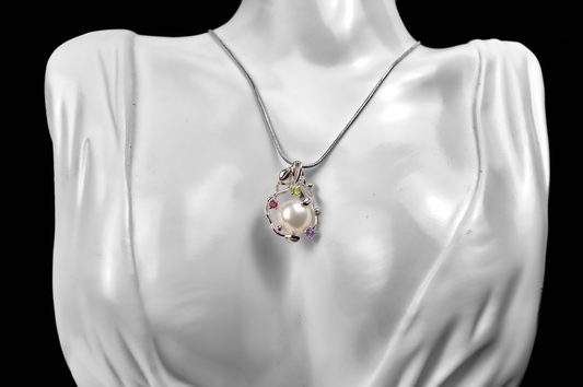Cultured Pearl Leaf Filigree Multicolor Gemstone Pendant - Stamped and Tested Sterling Silver - Cultured Pearl Jewelry