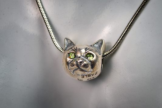 Zable Sterling Silver Peridot Eyed Cat Face Bead Charm - Stamped and Tested Sterling Silver - Animal Bracelet Charms