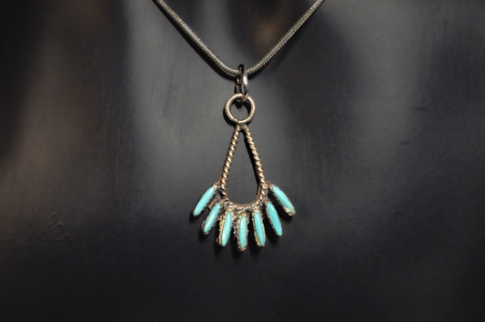 Vintage Needlepoint Turquoise Zuni Pendant - Tested Sterling Silver - Zuni Needlepoint Pendant