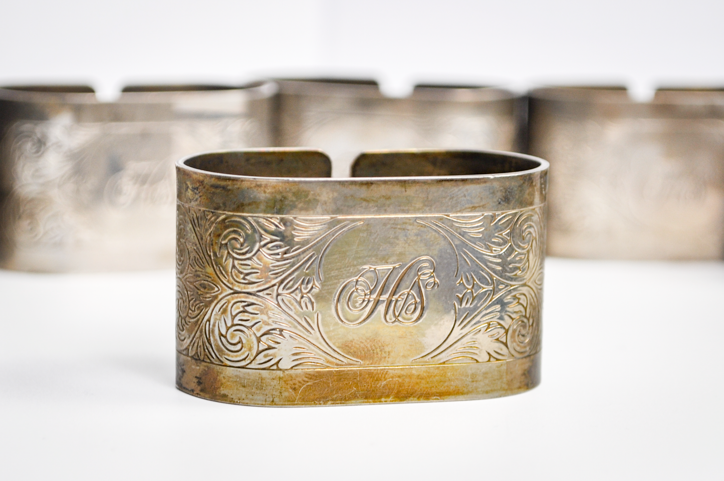 Set of 6 Silverplate Embossed Napkin Rings - Tested Silverplate - Monogramed Initials HS