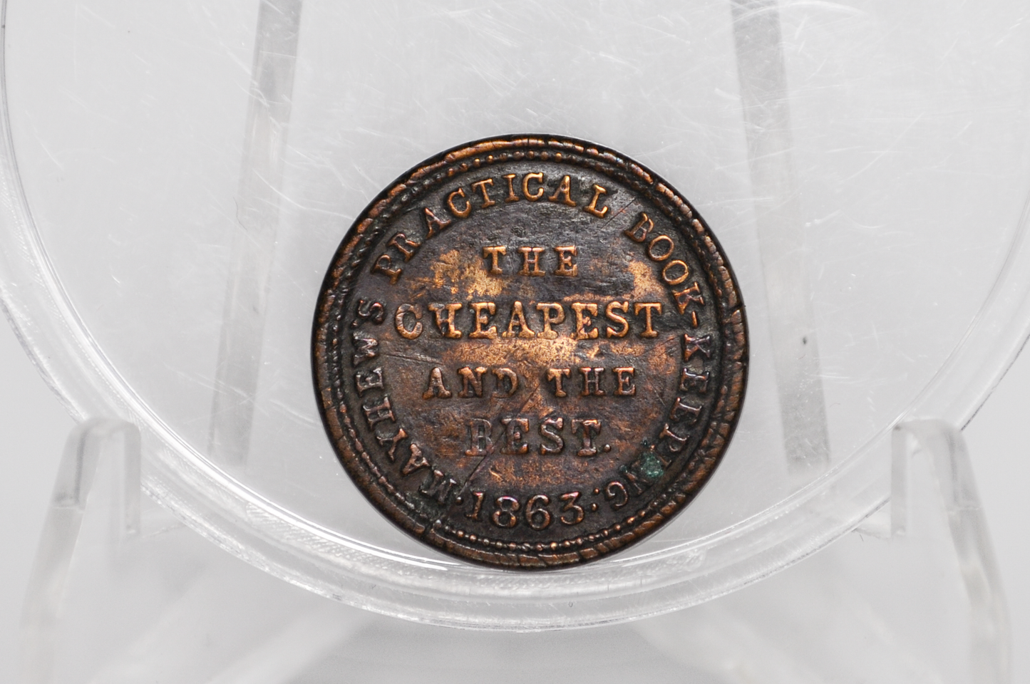 1863 Civil War Store Card Token - Merchant CWT - Mayhew's Practical Book Keep - Albion Commercial College - Albion, Michigan