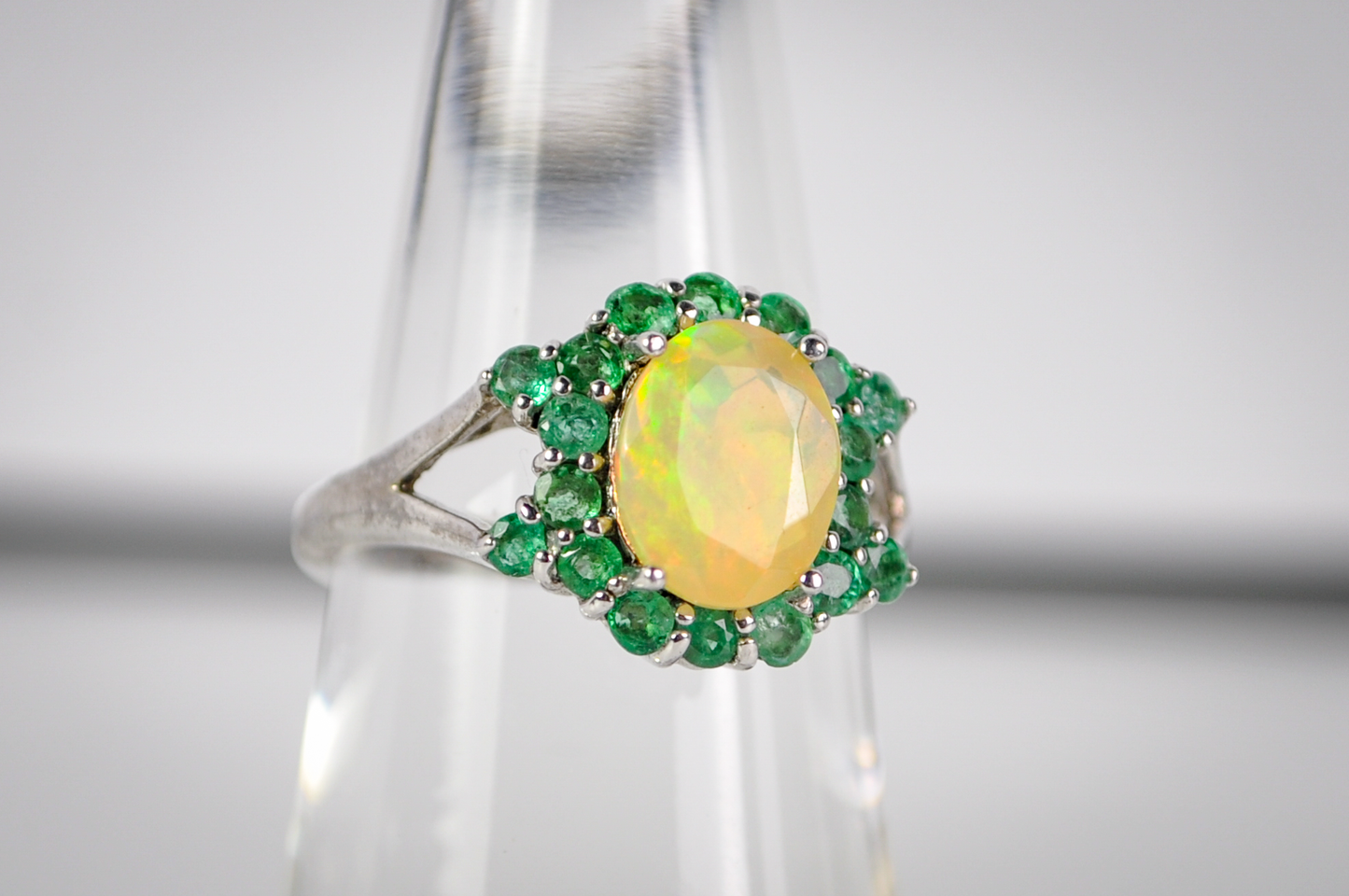 Signed BBJ Thailand 925 Sterling Silver Opal Ring with Green Halo Accent Stones - Vintage BBJ Silver Opal Cluster Ring Size 7