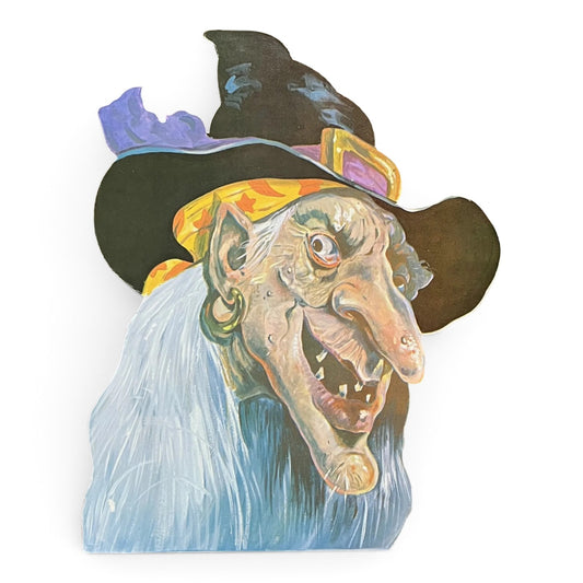 Vintage Double Sided Flocked Velvet Witch Die Cut Halloween Wall Decoration - 11.75" x 10" - 1980s Textured Details Spooky Witch Decor