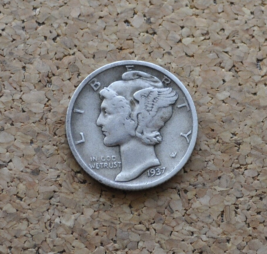 1937-D Mercury Dime - VF (Very Fine) Grade - Great Detail - Denver Mint - 1937 D Winged Liberty Head Dime - Silver Dime 1937 D