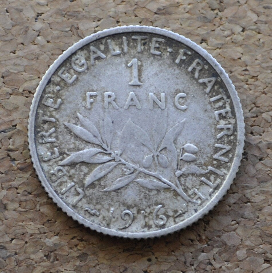 1916 French 1 Franc Coin - Silver Franc - WWI Era - France Silver
