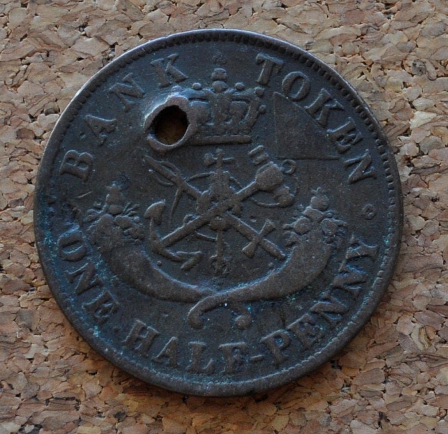 1850 Bank of Upper Canada Half Penny - 1/2 Penny Bank Token - Damaged - 1850 Bank Token One Half Penny - 1850 Canadian Large Cent