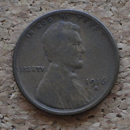 1916-S Wheat Penny - G (Good) to VG (Very Good) - San Francisco Mint - World War I Era Coin - 1916 S Wheat Ear Cent - Good Date / Mint