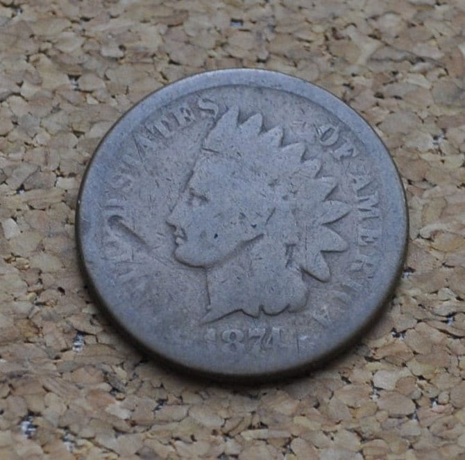 1874 Indian Head Penny - AG (About Good) Condition / Grade - Great Date - Older Indian Head Penny - 1874 Cent - Semi-Key Date Indian Head