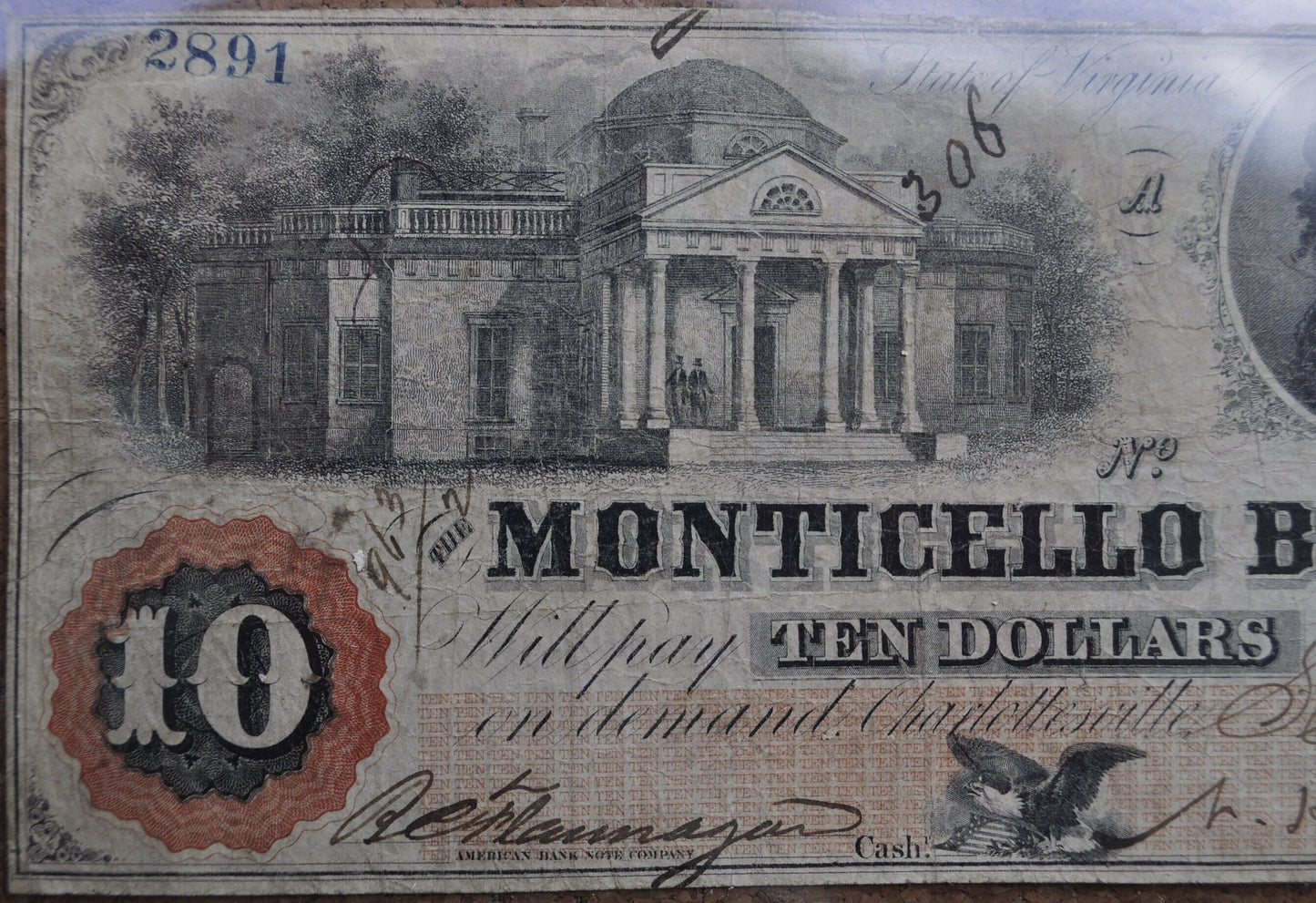 1860 Monticello Bank of Charlottesville Virginia 10 Dollar Paper Banknote - Very Rare and in Very Fine Condition - Obsolete Currency