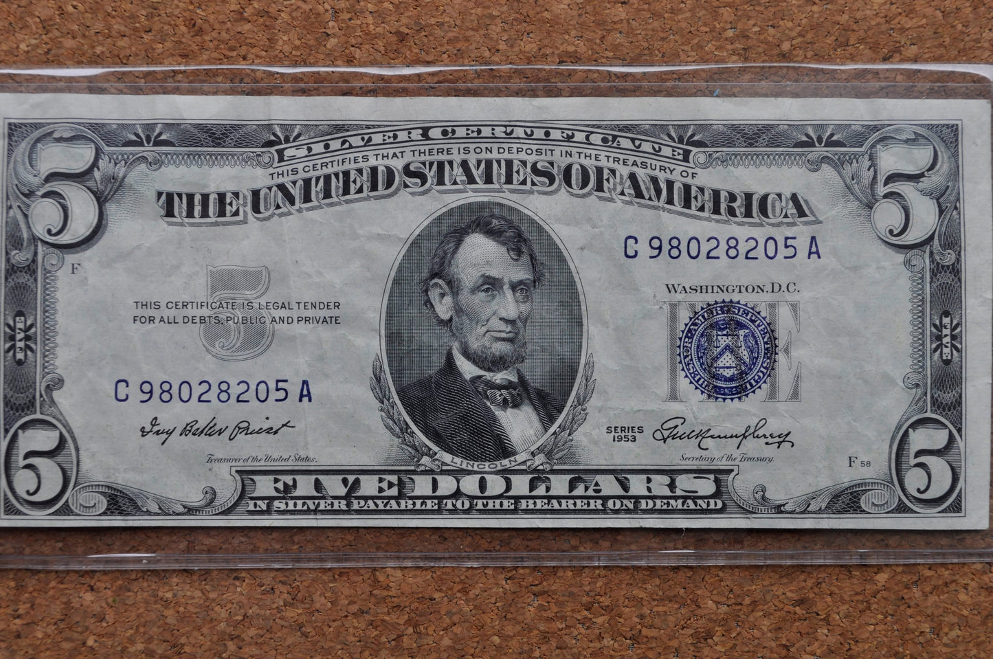 1953 Blue Seal 5 Dollar Bill / 1953 Five Dollar Silver Certificate - Good/Very Good toAU (About Uncirculated) - 1953 Silver Certificate