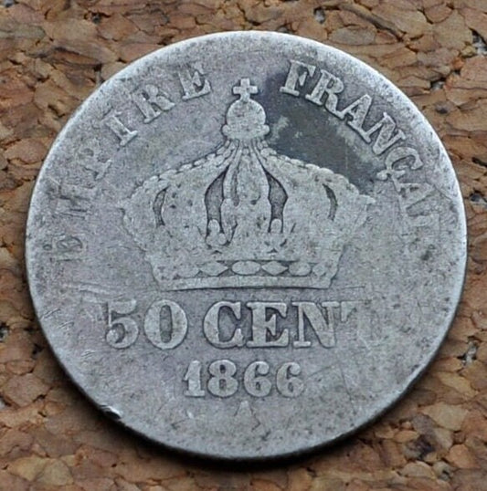 1866 French 50 Centimes Coin - Silver 50 Centimes - Napoleon III France Silver Fifty Centimes - 50 Centimes France 1866 A - Napoleon the 3rd