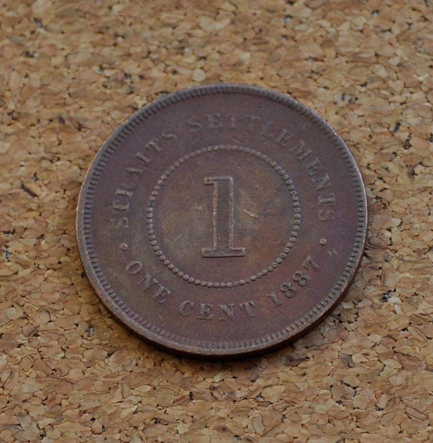 1887 British Straits Settlements One Cent - F (Fine) Condition - UK Large Penny 1887 - 1 Penny 1887 UK penny Straits Settlements