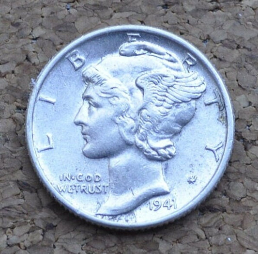 1941 Mercury Dime - AU (About Uncirculated) - Philadelphia Mint - 1941 P Silver Dime - 1941 Winged Liberty Silver Dime - 1941 P Mercury Dime