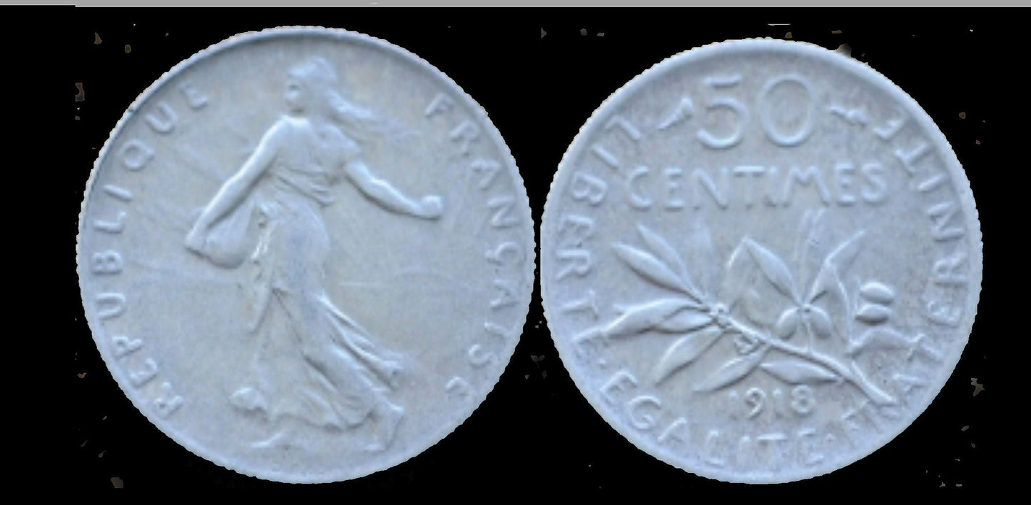 1918 French 50 Centimes Coin - Silver 50 Centimes - WWI Era - France Silver Fifty Centimes - 50 Centimes France 1918