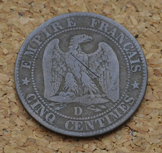 1853 French 5 Centimes Coin- Cinq Centimes 1853-D France - Very Good Grade - Napoleon III - Great Old Coin from France Coin 1853-D, Paris