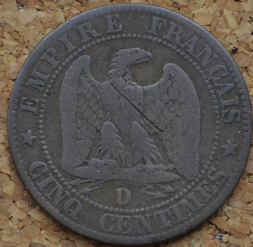 1853 French 5 Centimes Coin- Cinq Centimes 1853-D France - Very Good Grade - Napoleon III - Great Old Coin from France Coin 1853-D, Paris