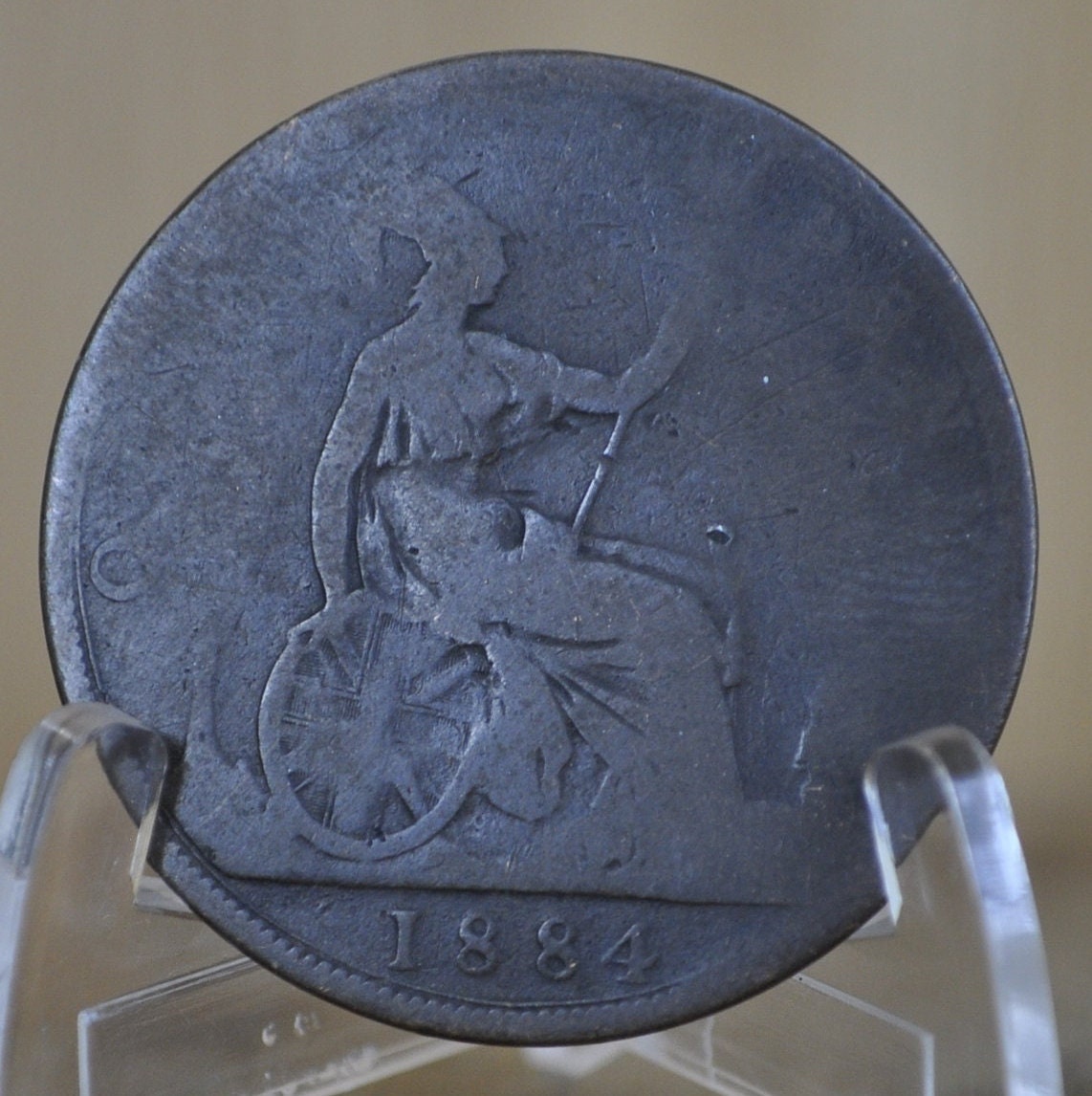 1884 Great Britain One Penny - AG (About Good) Condition - UK Large Penny 1884 - Queen Victoria 1 Penny - Copper - UK penny Young Head 1884