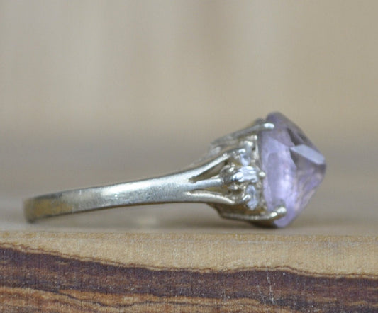 Antique Sterling Silver Ring Gold Tone - Size 8 Ring Size 8 (18.1 MM Band) - Purple Fluorite and Cubic Zirconia Stones - 925 Silver