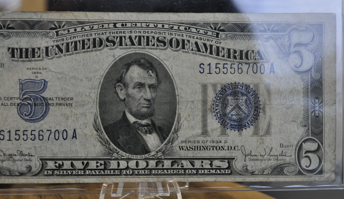 1934 5 Dollar Silver Certificates - VG-XF (Very Good to Extremely Fine) Grades - 1934 Five Dollar Silver Cert - Silver Certificate 1934